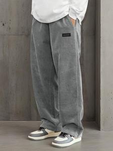 Men's Letter Patched Drawstring Waist Corduroy Pants, Loose Casual Comfy Straight Leg Trousers for Fall & Winter, Men's Bottoms for Daily Wear