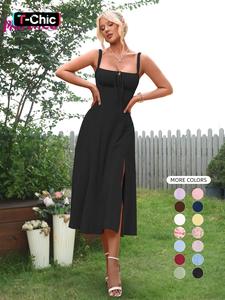 Women's Plain Lace Up Ruched Split Thigh Tie Front Dress, Dresses Summer, Elegant Adjustable Strap Square Neck Midi A Line Dress for Party Holiday Wedding Guest, Holiday Summer Outfits, Ladies Summer Clothes