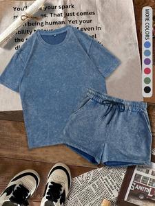 Two-piece Set Women's Solid Color Tee & Denim-effect Print Shorts, Casual Minimalist Round Neck Short Sleeve T-shirt & Shorts, Ladies Summer Clothes for Daily Wear, Summer Outfits Set