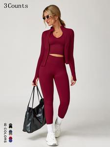 Women's Sporty Three-piece Set, Athleisure Wear Set, Yoga Outfit Set, Top & Leggings & Open Front Outerwear for Yoga Gym Workout Running, Ladies Sporty Style Clothes for All Seasons, Casual Fashion for Daily Wear, Summer Activewear, Stretchable Activewear