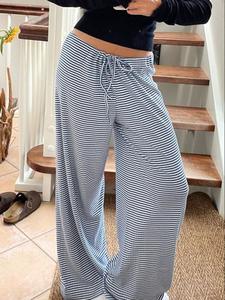 Women's Striped Print Tie Front Wide Leg Pants, Casual Loose Pants, Casual Comfy Drop Waist Trousers for Summer, Casual Street Trousers, Fashion Women's Bottoms for Daily Wear