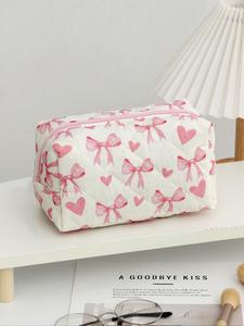 Cute Bow & Heart Pattern Makeup Bag, Large Capacity Cosmetic Storage Bag, Zipper Makeup Organizer Pouch, Versatile Storage Bag for Women Travel & Daily Use, Handheld Cosmetic Pouch, Travel Cosmetic Bags, Cosmetics Bag