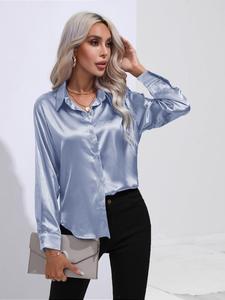Women's Plain Satin Button Front High Low Curved Hem Shirt, Elegant Long Sleeve Collared Top for Spring & Fall, Ladies Clothes for Daily Wear, Womenswear