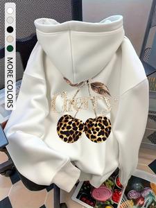 Women's Leopard Print Cherry Hoodie with Kangaroo Pocket, Drawstring Shoulder Slouchy Sleeves, Casual Loose Fit Sweatshirt for Fall