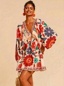 Women's Holiday Casual Chic Pure Color Lantern Sleeve Mini Dress B022, Slim-Fitting Plain Style, Floral, Perfect for Summer