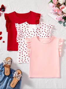 Girl's Heart Print / Plain   Tee, Casual Outdoor Summer Clothes for Daily Wear, Kids Clothes