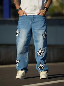 Men's Star Print Straight Leg Jeans, Loose Casual Comfy Denim Pants for Daily Wear, Fashion Men's Bottoms for All Seasons, Cotton