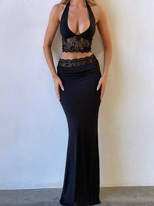 Two-piece Set Women's Contrast Lace Halter Crop Tank Top & High Waist Skirt, Elegant Fashion Casual Backless Sleeveless Top & Maxi Skirt for Daily Outdoor Wear, Ladies Outfits for Summer, Womenswear