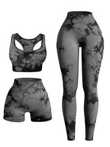 Three-piece Set Women's Tie Dye Print Tracksuit Set, Sporty Scoop Neck Crop Tank Top & High Waist Leggings & Skinny Shorts, Ladies Sportswear for Indoor Outdoor Wear, Workout Running Clothes, Yoga Workout Activewear