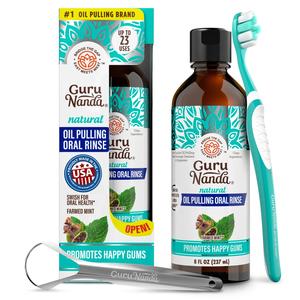 GuruNanda CocoMint Oil Pulling Mouthwash with 7 Essential Oils & 3 Vitamins, Promotes Fresh Breath & Happy Gums, Alcohol-Free, 8 fl oz