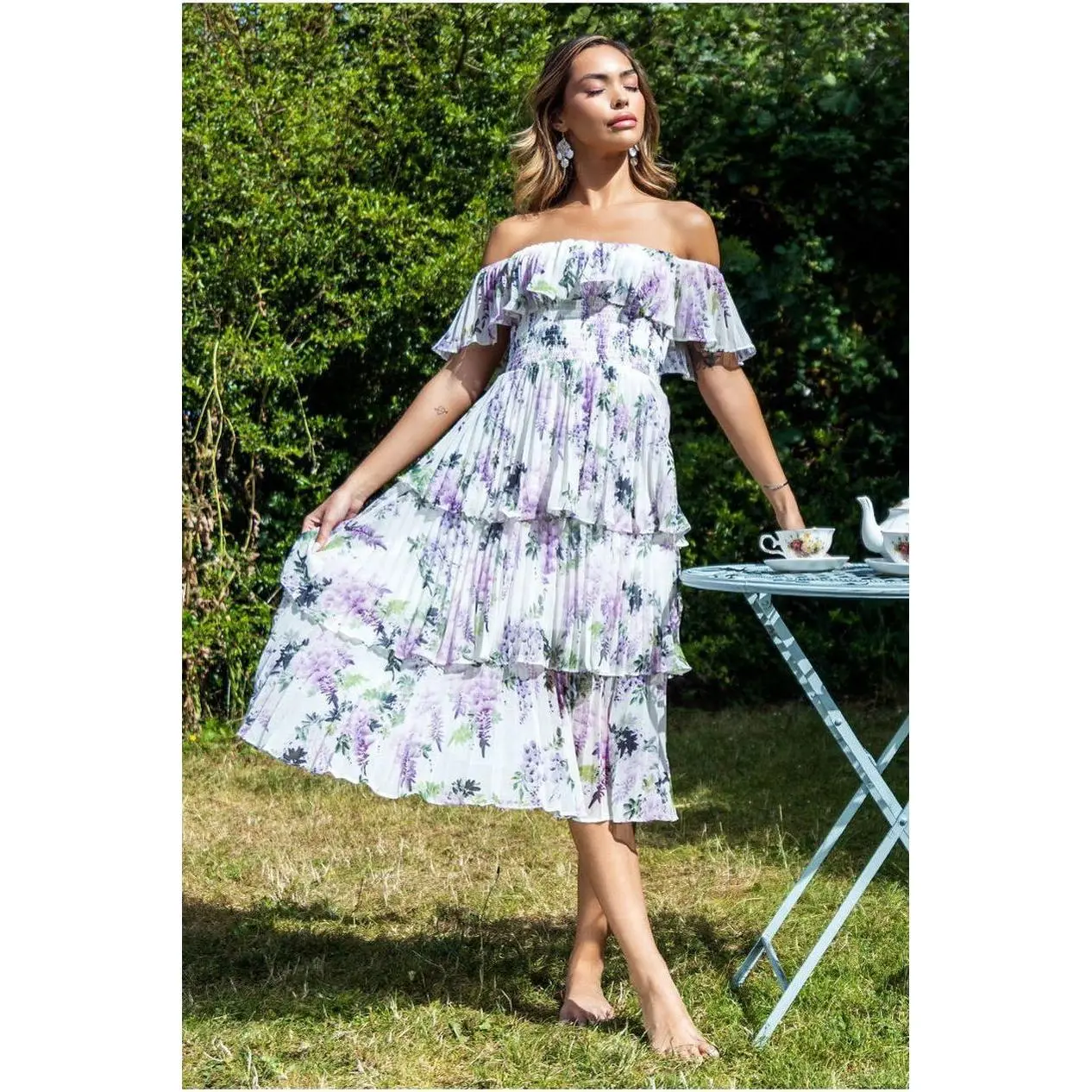 Goddiva Shirred Chiffon Floral Bardot Midi Dress - Multi