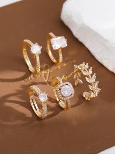 Women's Elegant Rhinestone Decorated Ring Set, Exquisite Trendy Leaf Design Ring, Fashionable Jewelry for Party & Wedding Cubic Zirconia Decor