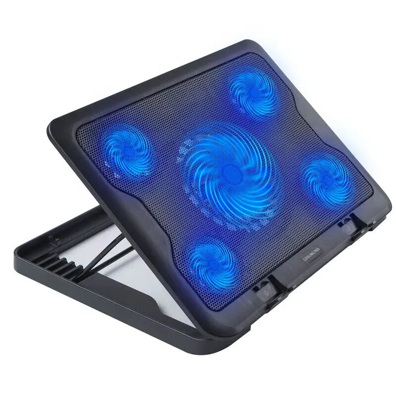 Quiet Laptop Cooler 5 Powerful Fans Gaming Cooling Mat Pad Stand Tilt for 12-17"