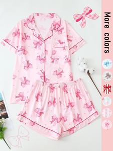 Two-piece Set Women's Bow Print Button Front Shirt & Shorts Pyjama, Cute Casual Comfy Short Sleeve Lapel Neck Top & Shorts Pj Set, Matching Pajamas, Ladies Sleepwear for All Seasons, Lounge Sets, Pajama Sets, Loungewear