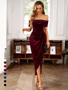 Women's Solid Color Ruched Dress, Elegant  Off The Shoulder Dress for Party Dating Wear, Ladies Clothes for All Seasons