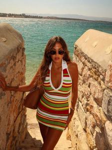 Women's Striped Pattern Halter Sweater Dress, Casual Sleeveless   Knit Dress for Summer, Fashion Women's Dress for Beach Holiday