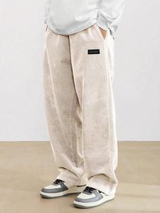 Men's Letter Patched Drawstring Waist Corduroy Pants, Loose Casual Comfy Straight Leg Trousers for Fall & Winter, Men's Bottoms for Daily Wear