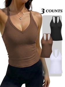 Women's Solid Backless Racerback Ribbed Breathable Tank Top, Backless Cami Top, Womenswear Casual Basic Sleeveless Deep V Neck Top for Daily Wear, Ladies Clothes for All Seasons, Cute Tops