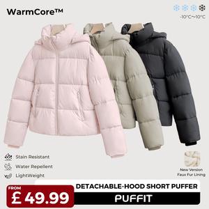 [Ships From UK] PUFFIT WarmCore Premium Short Puffer Jackets with Removable Hood & Optional Faux Fur Lining Version, Lady Casual Outerwear Longsleeves Zip Pockets Warm Quilted Coat