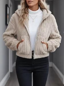 Women's Solid Color Pocket Zip Up Fuzzy Hooded Jacket, Coats for Women, Casual Drop Shoulder Long Sleeve Outerwear for Fall & Winter, Ladies Clothes for Daily Wear, Fur Coats, Womenswear