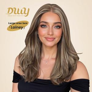 Lainey-DWY 13x4 Lace Front Free Part Mid-Length Light Brown with Highlights Glueless Synthetic Wig for Women 18 Inches