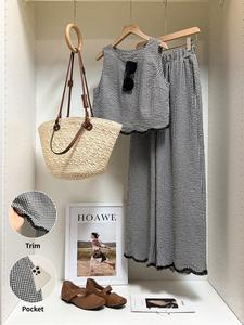 Women's Gingham Loose-Fit Summer Set, Sleeveless Vest Top & High-Waisted Wide-Leg Pants, Casual Two-Piece, Slimming Effect