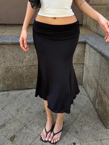 Women's Y2K Casual Plain Ruched Low-Waist Mermaid Midi Skirt, Trendy Flirty Skirt, Fitted A-Line Drop Waist Design, All Seasons Fashion