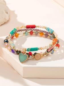 Boho Style Heart Charm Decor Beaded Beaded Bracelet Set, Fashionable Seven Colored Bracelet for Women & Girls, Trendy All-match & Exquisite Stackable Bracelets for Birthday Couples Gifts, Jewelry Bracelet