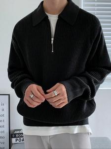 Men's Solid Zip Up Half Placket Longsleeves Collar Sweater, Regular Fit Casual Cozy Long Sleeve Jumper for Fall & Winter, Men's Knitwear for Daily Wear