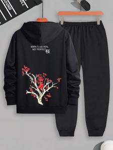 Two-piece Set Men Outfits, Regular Fit Plants Print Long Sleeve Zipper Hoodie & Drawstring Pocket Sweatpants, Casual Spring & Fall Clothes for Daily Wear