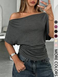 Women's Summer Autumn Plain Asymmetrical Shoulder Batwing Sleeve Knit T-Shirt, Loose Fit Drop Shoulder Short Sleeve Top