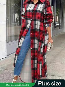 【Plus Size】 Plaid Print Button Collared Long Shirt, Casual Long Sleeve Collared Shirt for Daily Wear, Women's Clothing for All Seasons, Womenswear