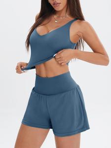 Women's Solid Crop Top & 2 in 1 Pocket High Waist Shorts Tracksuit Set, Sporty Breathable Outfits for Yoga Gym Workout Running, Ladies Sportswear for All Seasons Indoor Outdoor Wear, Activewear, Workout Sets Women, Athletic Sports Clothing
