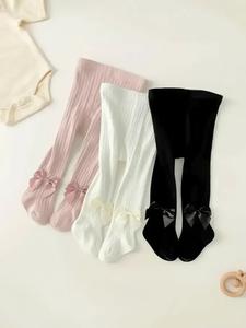 3-piece Soft Breathable Rib Tights with Bows, Comfortable Four-season Baby Leggings, Fashion Striped Baby Pants, White Socks