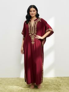 Women's Ethnic Pattern Embroidery Notched Neck Split Hem Kaftan Dress, Casual Modest Chic Batwing Sleeve Long Dress for Daily Wear, Modesty Ladies Clothes for All Seasons, Muslim Women Gowns, Ethnic Print Maxi Kaftan