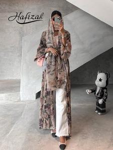 Modest Middle Eastern Women's Arabic Long Robe, Long Sleeve Pleated Cardigan, Printed Outerwear, Loose-Fitting, All Seasons, Womenswear
