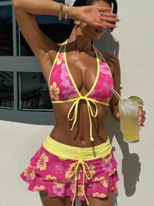 Women's Summer Beach Festival Print Halter Bikini Set, Casual Vacation Style, Fitted Tank Top and Skirt Three-Piece Suit, Flower Print Bikini