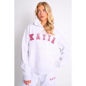Kaiia Slogan Oversized Hoodie Light Grey Marl & Pink Contrast