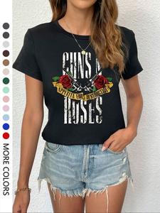 Women's Floral & Letter Print Round Neck Tee, Fashion Casual Crew Neck Short Sleeve T-Shirt for Daily Holiday Vacation Outdoor Wear, Ladies Clothes for All Seasons, Top, Casual Fashionable Top