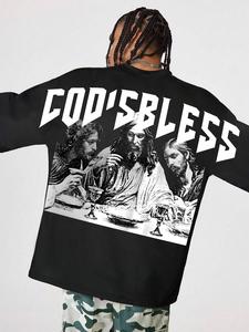 Men's Letter & Last Supper Print Short Sleeve Tee, Loose Street Fashion Soft Comfy Round Neck T-shirt for Summer, Men's Top for Daily Wear, Tropical