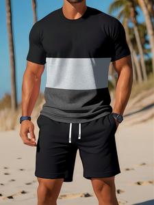 Two-Piece Set Men's Regular Fit Colorblock Short Sleeve Tee & Drawstring Waist Shorts, Casual Round Neck T-Shirt & Track Shorts, Men's Clothing for Summer