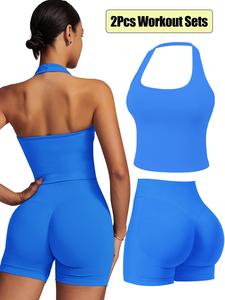Women's Seamless Halter Backless Yoga Tank Top + Gym Shorts, Sexy Sporty Bra, Quick-Dry Running Fitness Set, Yoga Gym Outfits