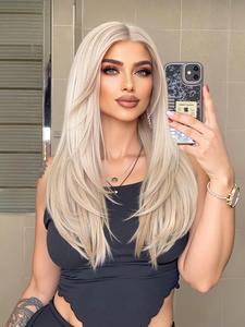 22 Inch Long Platinum Blonde Layered Straight Wigs for Women, Gorgeous Fluffy Wigs without Bangs, Synthetic Lace Front Wigs for Party, Daily Use