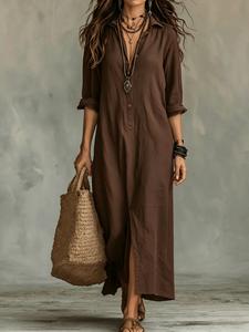 2026 Spring Summer Cross-Border Casual Solid Color Notched Lapel Front Split Long Dress, Trendy Women's Fashion, Long Sleeves, Comfortable & Stylish, Womenswear