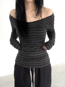 Women's Striped Print Off Shoulder Tee, Casual Long Sleeve T-shirt for Daily Wear, Ladies Clothes for All Seasons