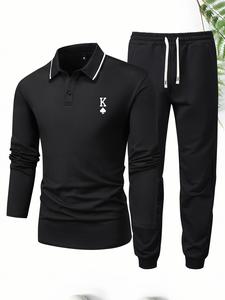Two-piece Set Men's Graphic Sweatpants Set, Casual Long Sleeve Polo Shirt & Drawstring Sweatpants For Spring & Fall, Fashion Comfy Men's Outfits For Daily Wear