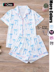 Women's All Over Print Lapel Shirt & Elastic Waist Shorts Pyjama, Comfy Short Sleeve Pocket Top & Shorts Pj Set, Sleepwear for All Seasons, Pajamas, Relaxed Fit Loungewear, Soft Lounge Sets, Casual Comfy Pajama