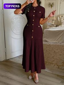 Pure Color Casual Button Decorated Fitted Short Sleeve Dress, Stylish Slim Fit Design for Everyday Wear, Perfect for Comfortable