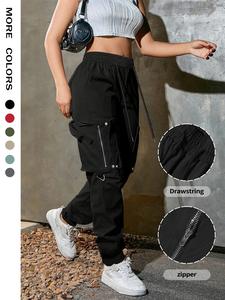 Women's Solid Pocket Drawstring Cargo Pants, Street Fashion Casual Trousers for Daily Wear, Ladies Bottoms for Spring & Fall
