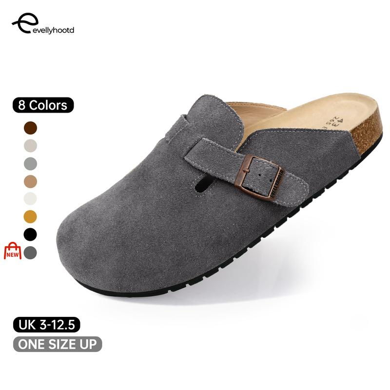 EVELLYHOOTD Unisex Suede Round Toe Cork Footbed Clogs with Comfort Width Adjustable Fashion Slipper For Men and Women[One size up]